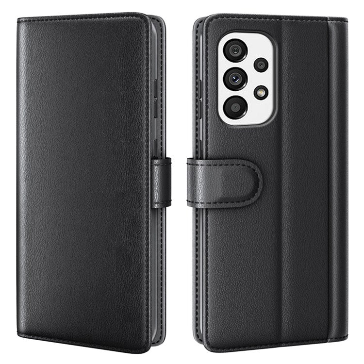 For Samsung Galaxy A33 5G Stand Wallet Phone Case Split Leather Genuine Leather Folio Flip Protective Cover - Black