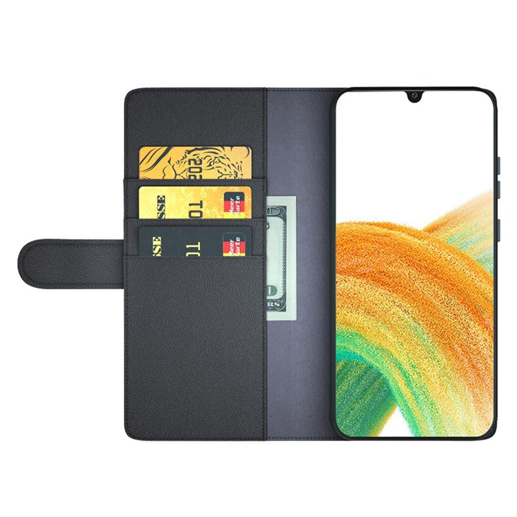 For Samsung Galaxy A33 5G Stand Wallet Phone Case Split Leather Genuine Leather Folio Flip Protective Cover - Black