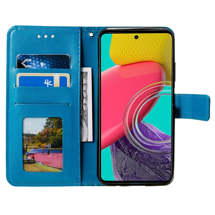 For Samsung Galaxy M53 5G Shockproof Wallet Stand Design Imprinted Flower PU Leather Phone Flip Cover Phone Case - Blue