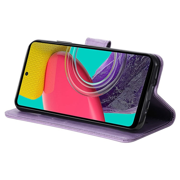 For Samsung Galaxy M53 5G Shockproof Wallet Stand Design Imprinted Flower PU Leather Phone Flip Cover Phone Case - Purple