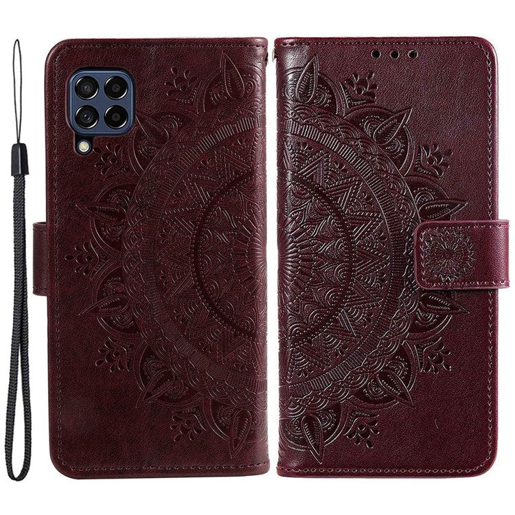 For Samsung Galaxy M53 5G Shockproof Wallet Stand Design Imprinted Flower PU Leather Phone Flip Cover Phone Case - Brown