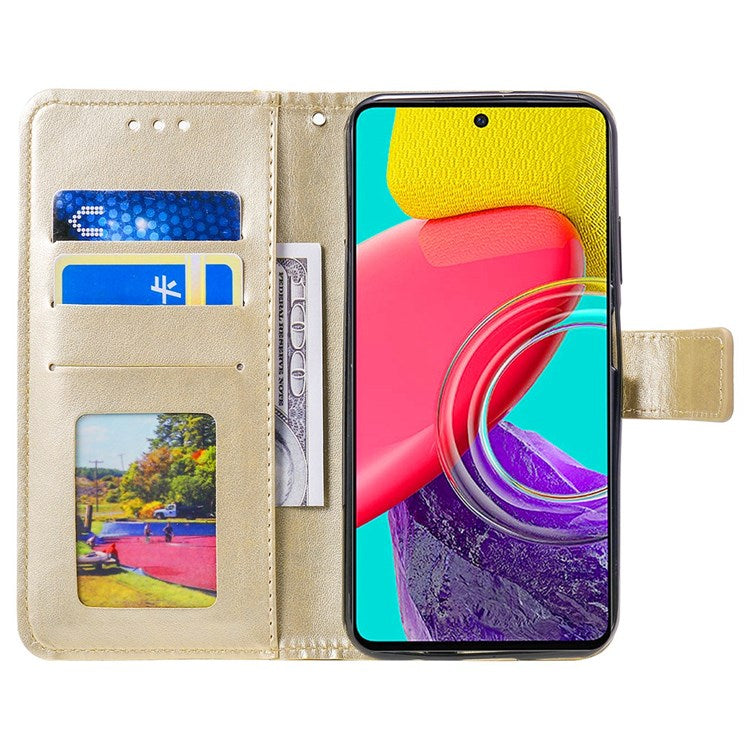 For Samsung Galaxy M53 5G Shockproof Wallet Stand Design Imprinted Flower PU Leather Phone Flip Cover Phone Case - Gold