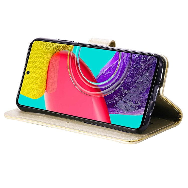 For Samsung Galaxy M53 5G Shockproof Wallet Stand Design Imprinted Flower PU Leather Phone Flip Cover Phone Case - Gold