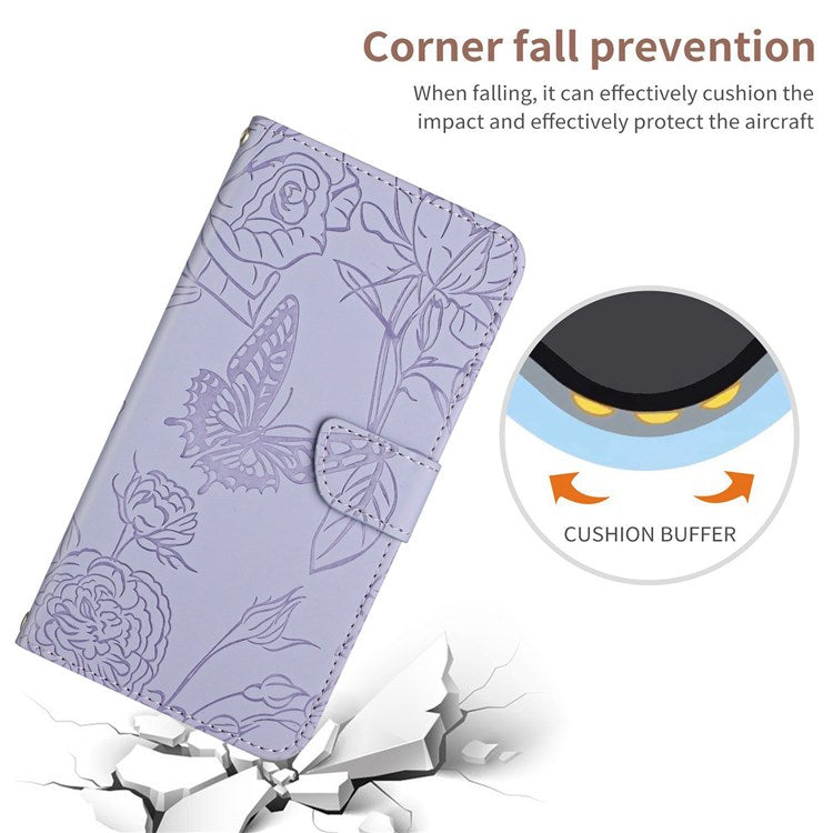 For Samsung Galaxy M52 5G Smartphone Case, Skin-touch Feel PU Leather Butterfly and Flower Imprinting Pattern Supporting Stand Wallet Phone Cover with Shoulder Strap - Light Purple