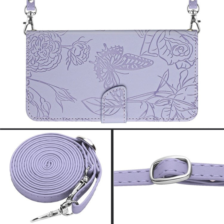 For Samsung Galaxy M52 5G Smartphone Case, Skin-touch Feel PU Leather Butterfly and Flower Imprinting Pattern Supporting Stand Wallet Phone Cover with Shoulder Strap - Light Purple