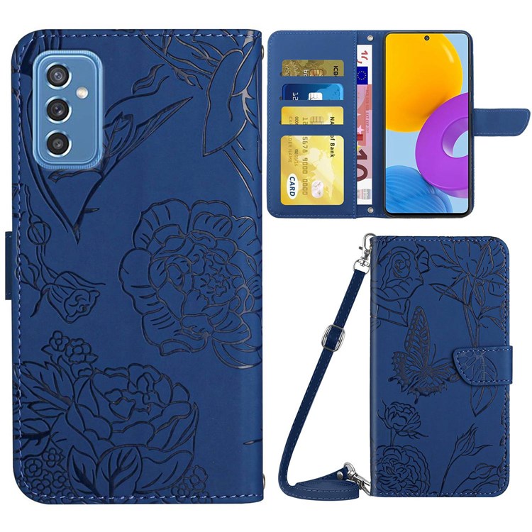 For Samsung Galaxy M52 5G Smartphone Case, Skin-touch Feel PU Leather Butterfly and Flower Imprinting Pattern Supporting Stand Wallet Phone Cover with Shoulder Strap - Blue