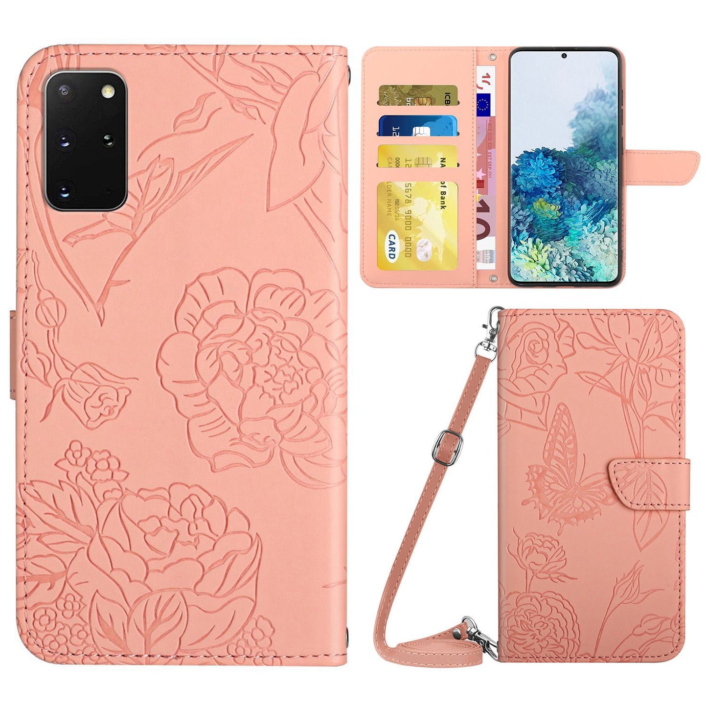 For Samsung Galaxy S20 Plus 4G/5G Skin-touch Wallet Stand PU Leather Case Butterfly Flower Imprinted Phone Cover with Shoulder Strap - Pink