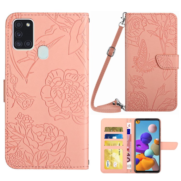 Skin-touch Feeling PU Leather Phone Case for Samsung Galaxy A21s (EU Version), Flower Butterflies Pattern Imprinting Design Hands-free Stand Wallet Cover with Shoulder Strap - Pink