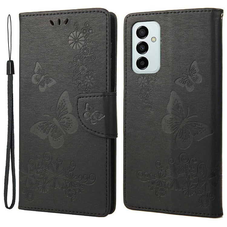 For Samsung Galaxy M23 5G/F23 5G PU Leather Butterfly Flower Imprinted Case Stand Wallet Design Protective Phone Cover - Black