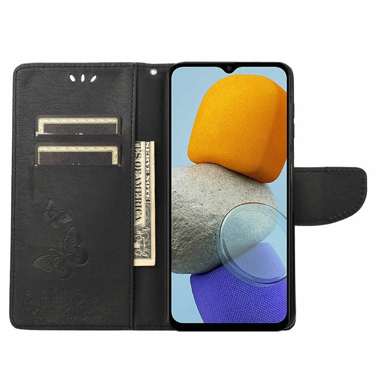 For Samsung Galaxy M23 5G/F23 5G PU Leather Butterfly Flower Imprinted Case Stand Wallet Design Protective Phone Cover - Black