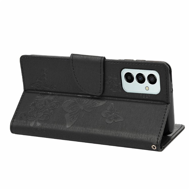 For Samsung Galaxy M23 5G/F23 5G PU Leather Butterfly Flower Imprinted Case Stand Wallet Design Protective Phone Cover - Black