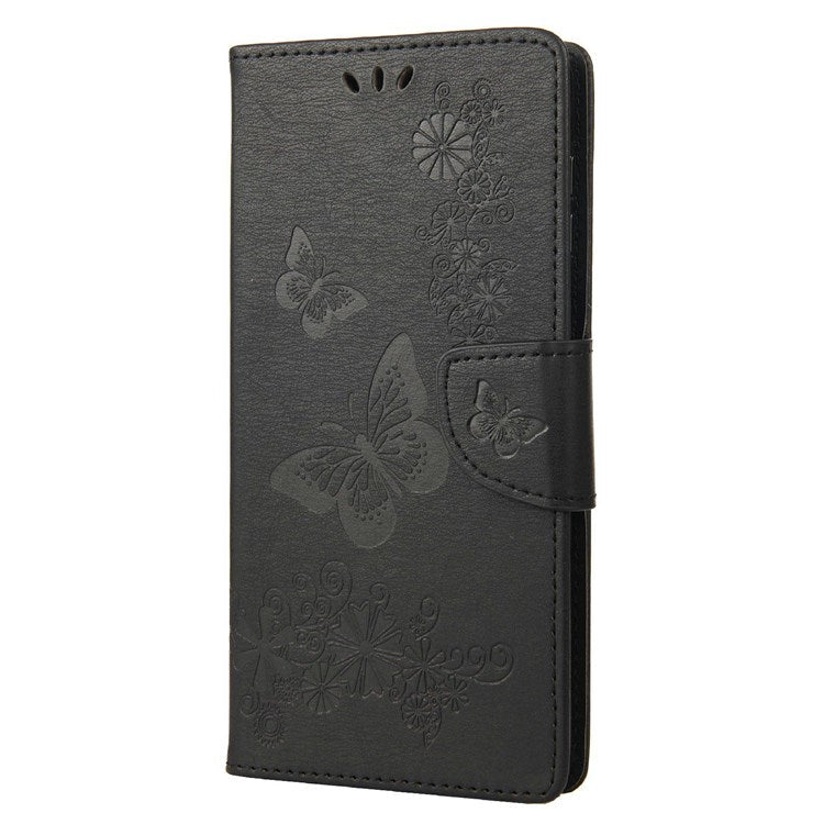 For Samsung Galaxy M23 5G/F23 5G PU Leather Butterfly Flower Imprinted Case Stand Wallet Design Protective Phone Cover - Black