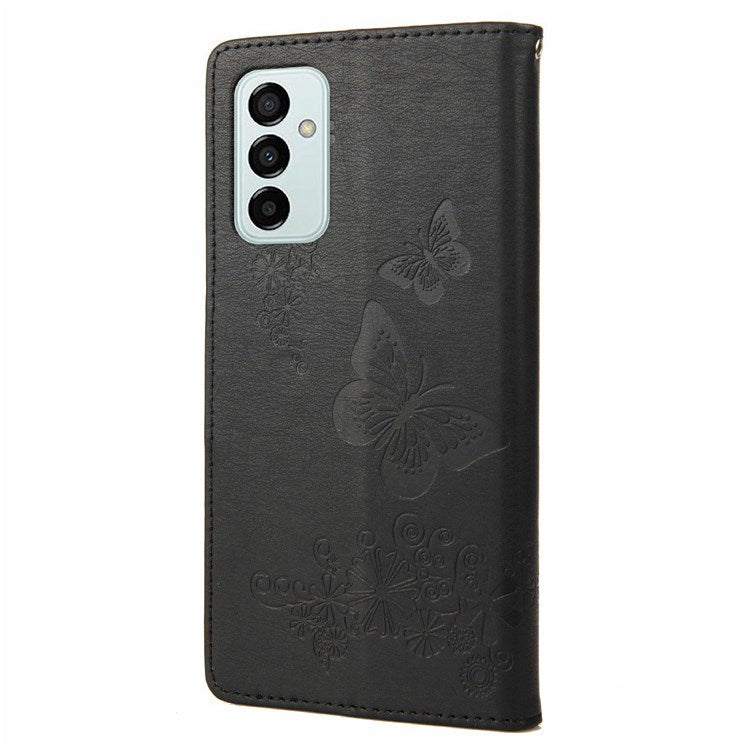 For Samsung Galaxy M23 5G/F23 5G PU Leather Butterfly Flower Imprinted Case Stand Wallet Design Protective Phone Cover - Black