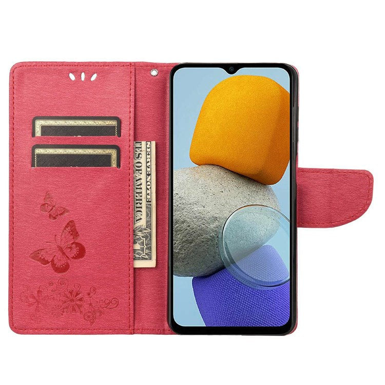 For Samsung Galaxy M23 5G/F23 5G PU Leather Butterfly Flower Imprinted Case Stand Wallet Design Protective Phone Cover - Red