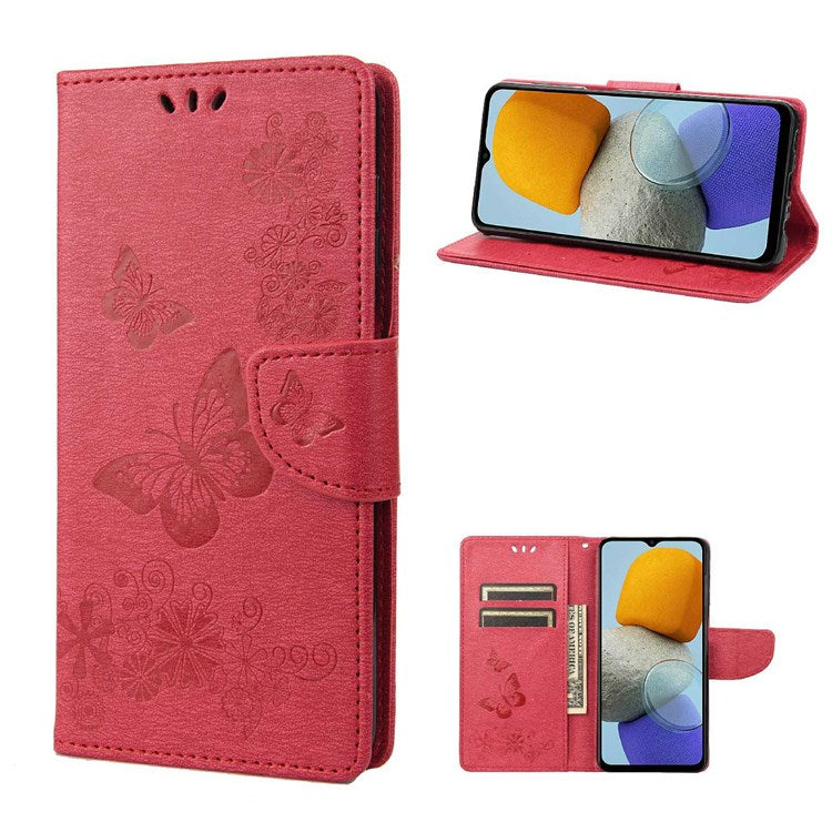 For Samsung Galaxy M23 5G/F23 5G PU Leather Butterfly Flower Imprinted Case Stand Wallet Design Protective Phone Cover - Red