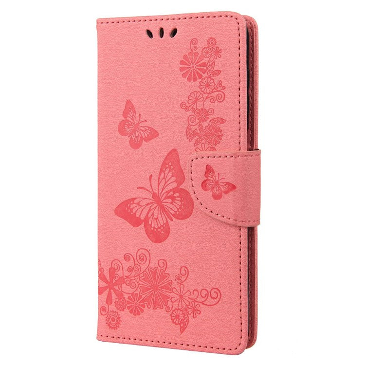 For Samsung Galaxy M23 5G/F23 5G PU Leather Butterfly Flower Imprinted Case Stand Wallet Design Protective Phone Cover - Pink