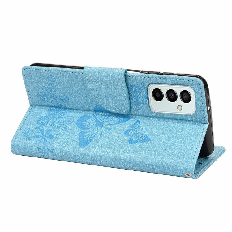 For Samsung Galaxy M23 5G/F23 5G PU Leather Butterfly Flower Imprinted Case Stand Wallet Design Protective Phone Cover - Blue