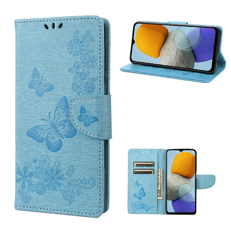For Samsung Galaxy M23 5G/F23 5G PU Leather Butterfly Flower Imprinted Case Stand Wallet Design Protective Phone Cover - Blue