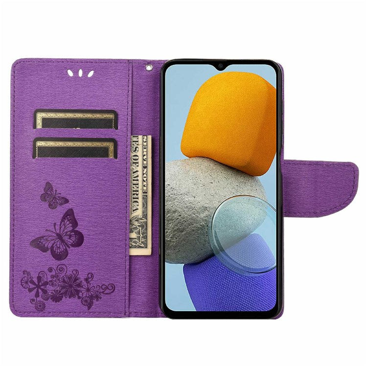 For Samsung Galaxy M23 5G/F23 5G PU Leather Butterfly Flower Imprinted Case Stand Wallet Design Protective Phone Cover - Purple