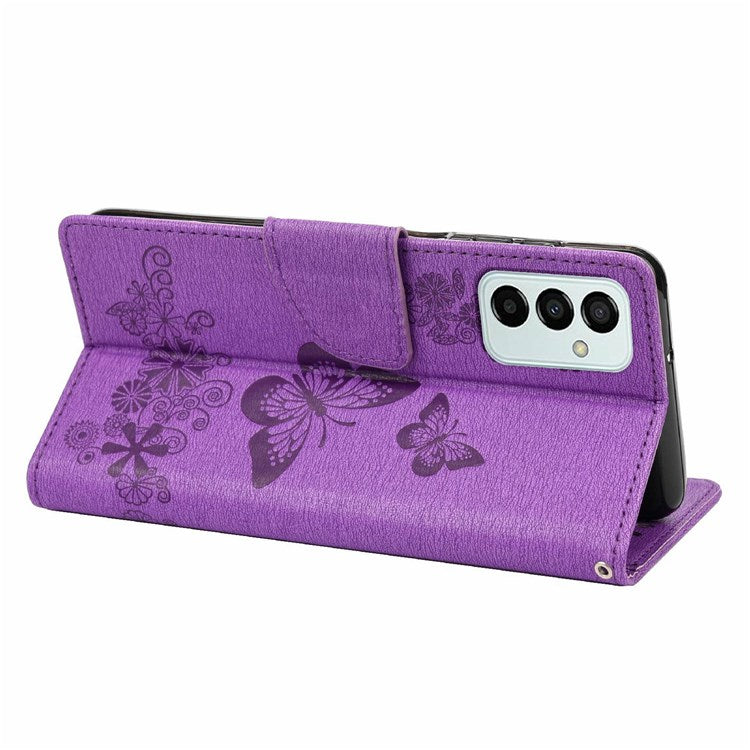 For Samsung Galaxy M23 5G/F23 5G PU Leather Butterfly Flower Imprinted Case Stand Wallet Design Protective Phone Cover - Purple