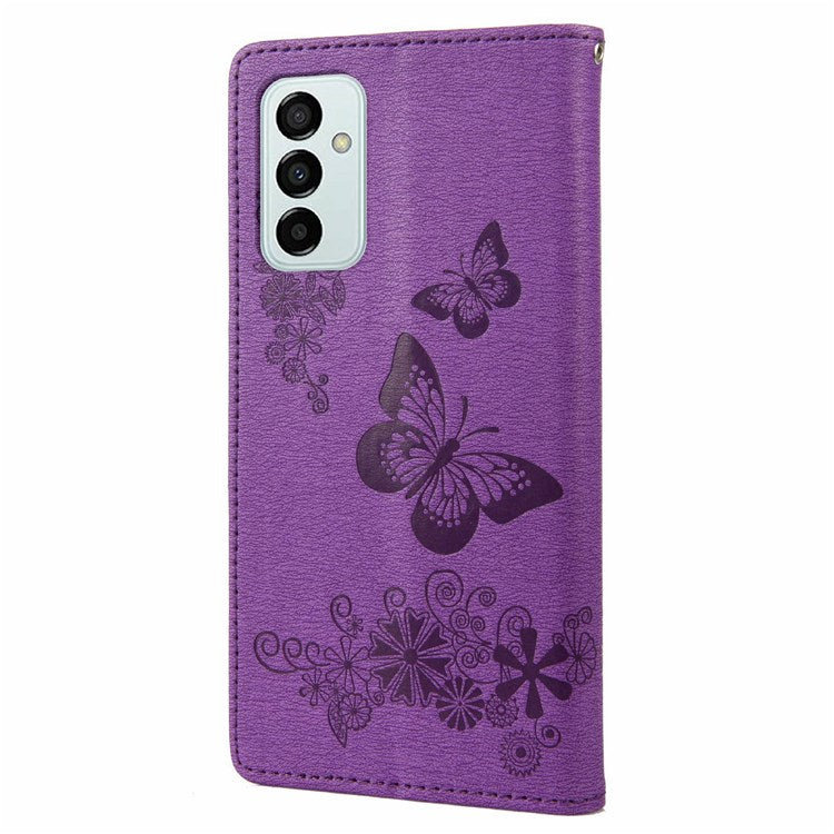 For Samsung Galaxy M23 5G/F23 5G PU Leather Butterfly Flower Imprinted Case Stand Wallet Design Protective Phone Cover - Purple
