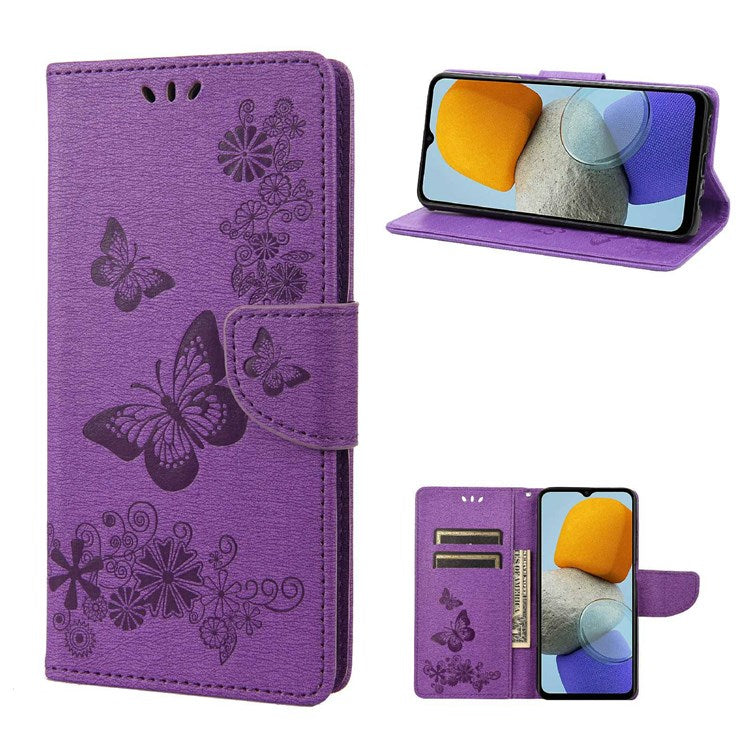 For Samsung Galaxy M23 5G/F23 5G PU Leather Butterfly Flower Imprinted Case Stand Wallet Design Protective Phone Cover - Purple