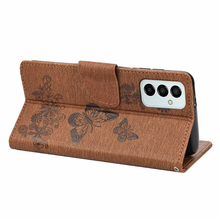 For Samsung Galaxy M23 5G/F23 5G PU Leather Butterfly Flower Imprinted Case Stand Wallet Design Protective Phone Cover - Brown