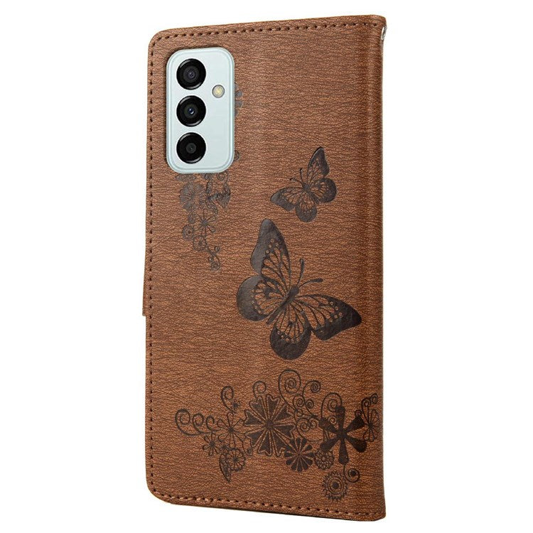 For Samsung Galaxy M23 5G/F23 5G PU Leather Butterfly Flower Imprinted Case Stand Wallet Design Protective Phone Cover - Brown