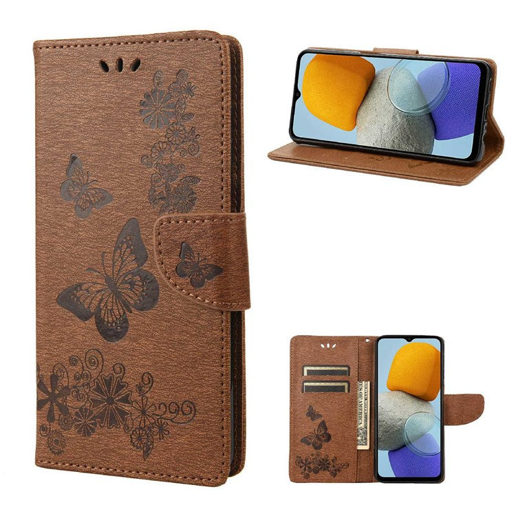 For Samsung Galaxy M23 5G/F23 5G PU Leather Butterfly Flower Imprinted Case Stand Wallet Design Protective Phone Cover - Brown