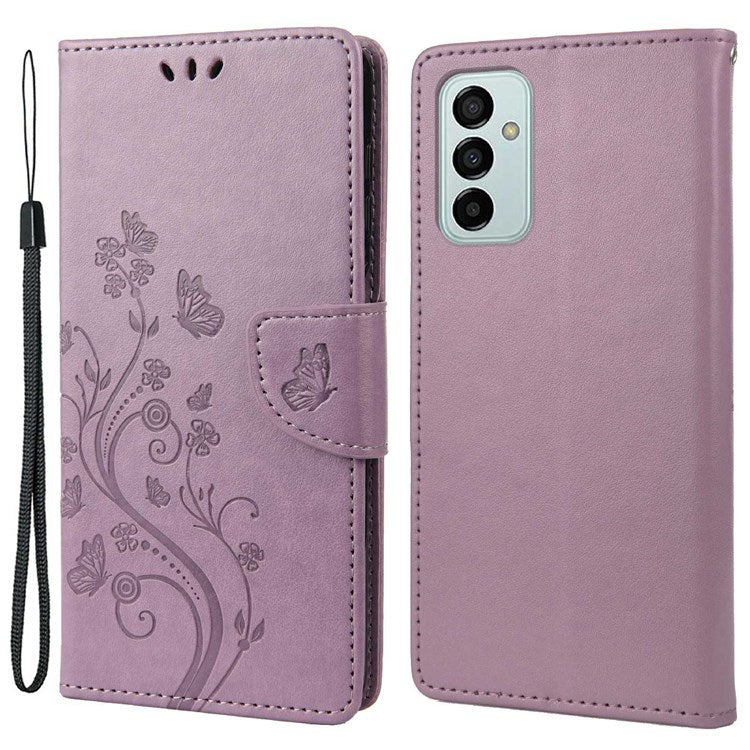 For Samsung Galaxy M23 5G/F23 5G PU Leather Butterfly Flower Imprinted Case Stand Wallet Design Protective Phone Cover - Light Purple