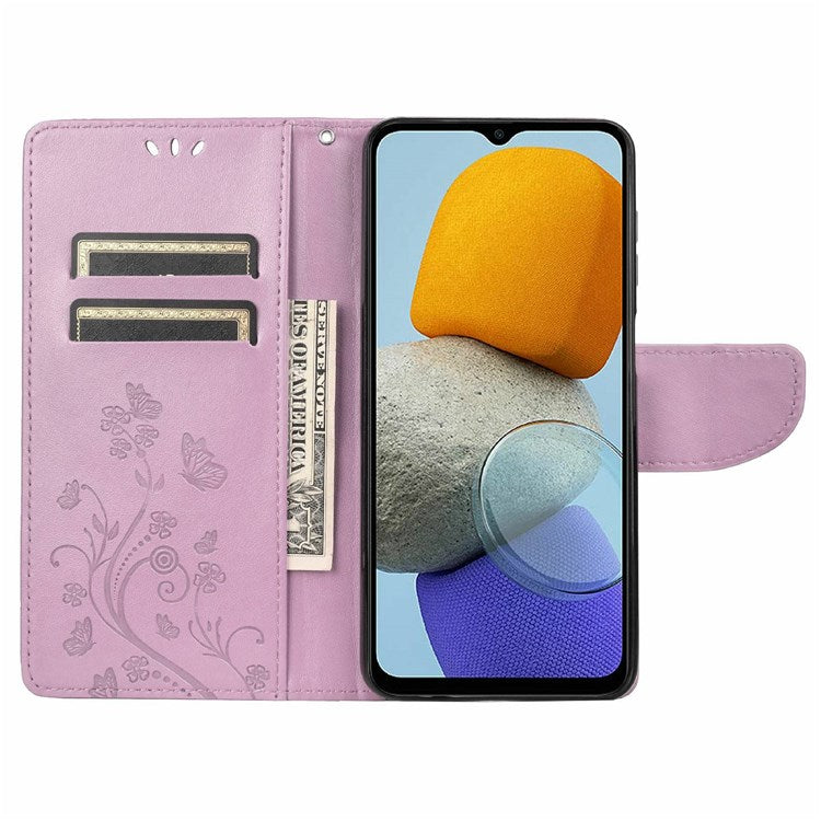 For Samsung Galaxy M23 5G/F23 5G PU Leather Butterfly Flower Imprinted Case Stand Wallet Design Protective Phone Cover - Light Purple