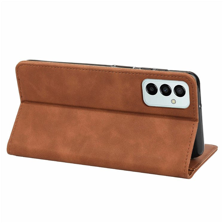 For Samsung Galaxy M23 5G/F23 5G Shockproof Phone Wallet Stand Cover Splicing Design PU Leather Anti-drop Case Shell - Brown