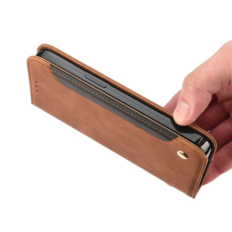 For Samsung Galaxy M23 5G/F23 5G Shockproof Phone Wallet Stand Cover Splicing Design PU Leather Anti-drop Case Shell - Brown