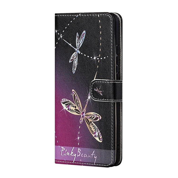 For Samsung Galaxy M23 5G/F23 5G Cross Texture Pattern Printing Stand Leather Phone Case Wallet Flip Cover with Strap - Dragonflies