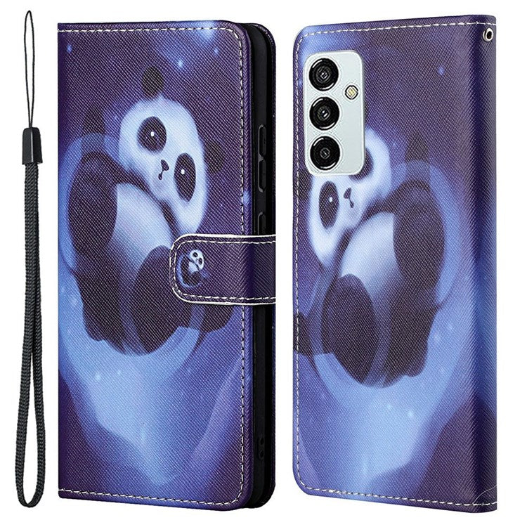 For Samsung Galaxy M23 5G/F23 5G Cross Texture Pattern Printing Stand Leather Phone Case Wallet Flip Cover with Strap - Panda