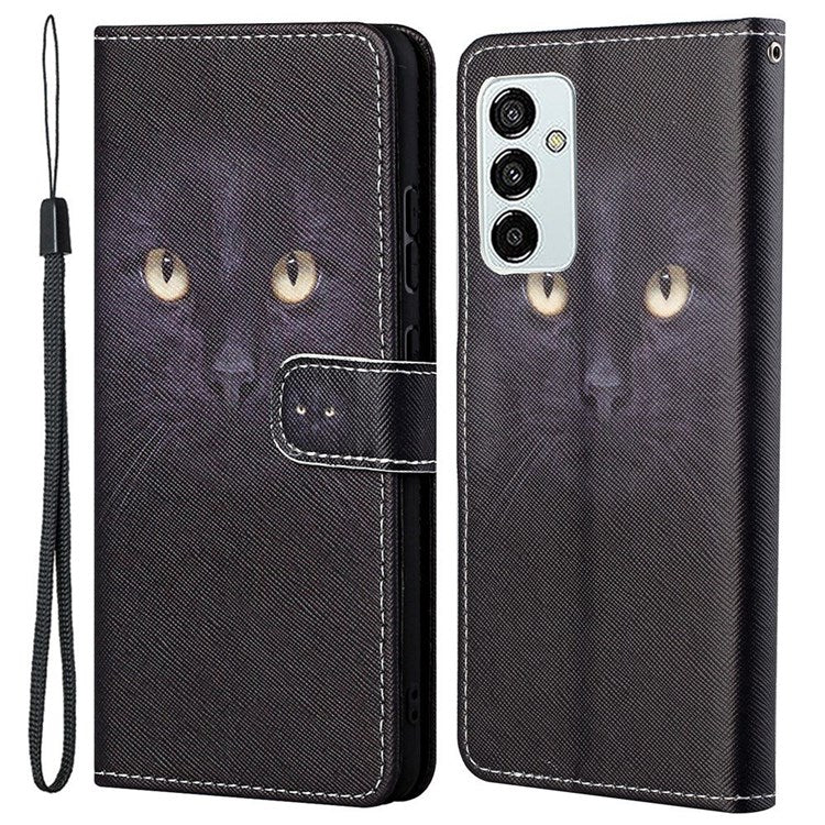For Samsung Galaxy M23 5G/F23 5G Cross Texture Pattern Printing Stand Leather Phone Case Wallet Flip Cover with Strap - Cat's Eye