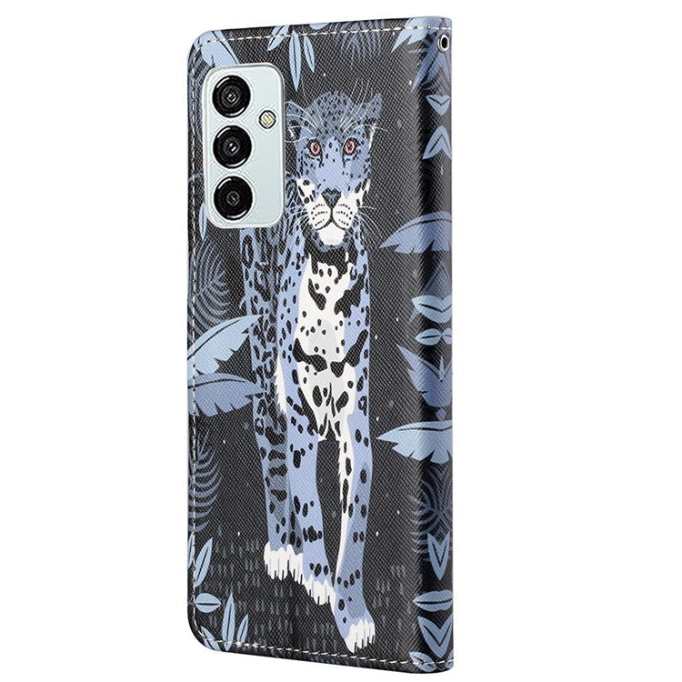 For Samsung Galaxy M23 5G/F23 5G Cross Texture Pattern Printing Stand Leather Phone Case Wallet Flip Cover with Strap - Leopard