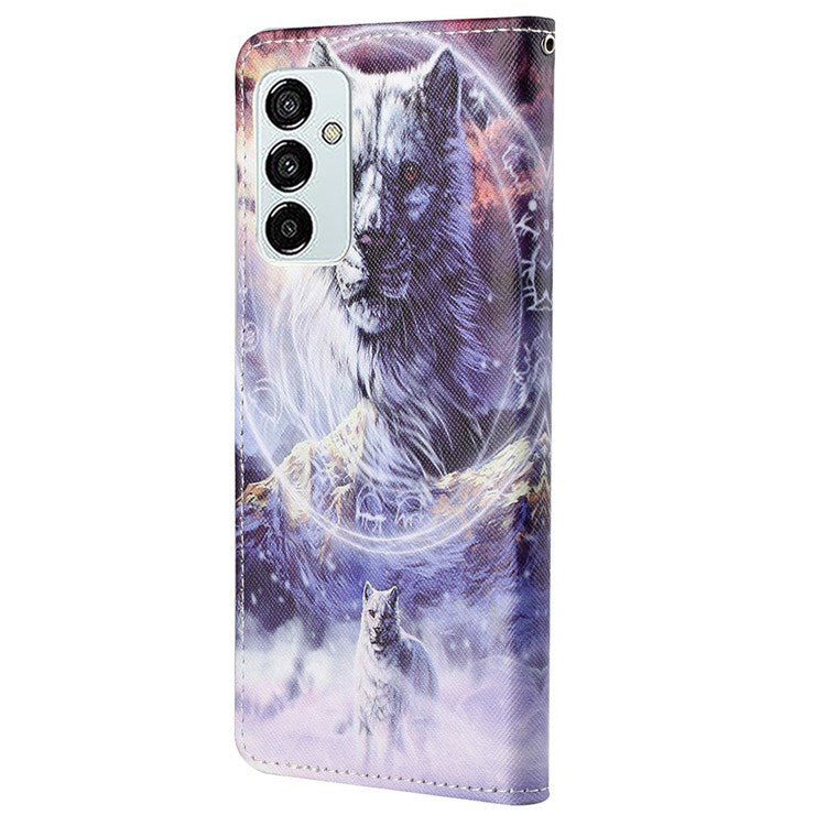For Samsung Galaxy M23 5G/F23 5G Cross Texture Pattern Printing Stand Leather Phone Case Wallet Flip Cover with Strap - Snow Wolf