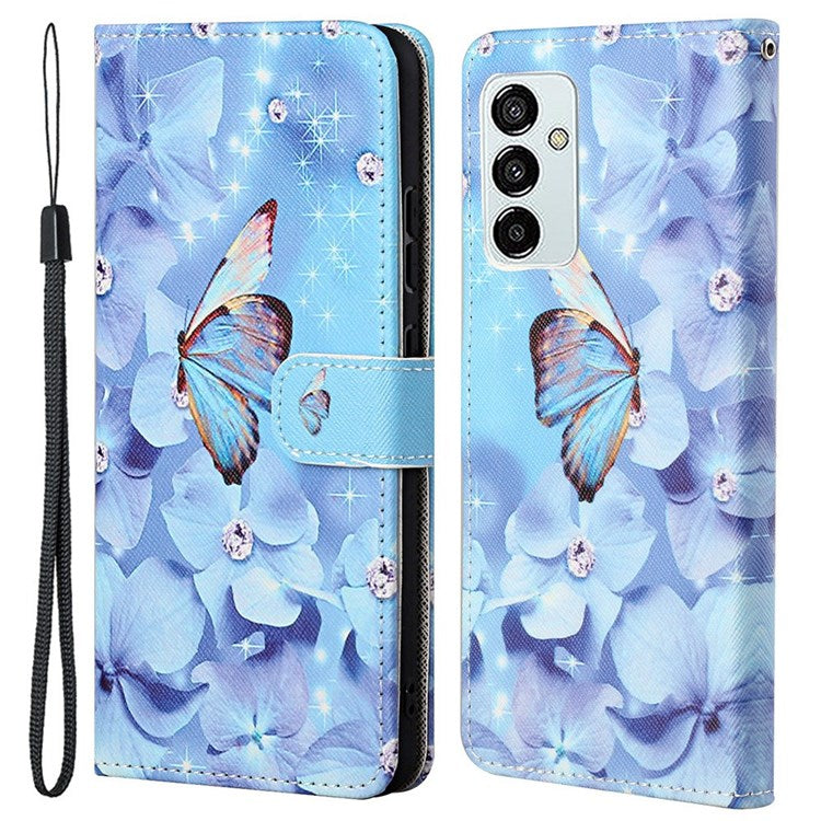 For Samsung Galaxy M23 5G/F23 5G Cross Texture Pattern Printing Stand Leather Phone Case Wallet Flip Cover with Strap - Butterfly and Flowers