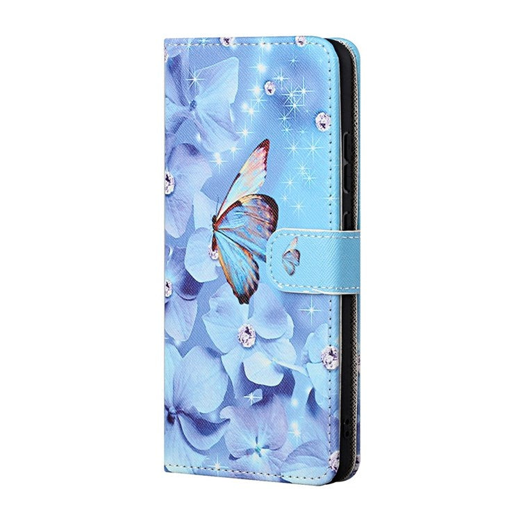 For Samsung Galaxy M23 5G/F23 5G Cross Texture Pattern Printing Stand Leather Phone Case Wallet Flip Cover with Strap - Butterfly and Flowers