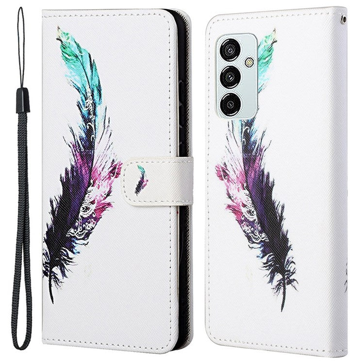 For Samsung Galaxy M23 5G/F23 5G Cross Texture Pattern Printing Stand Leather Phone Case Wallet Flip Cover with Strap - Feather