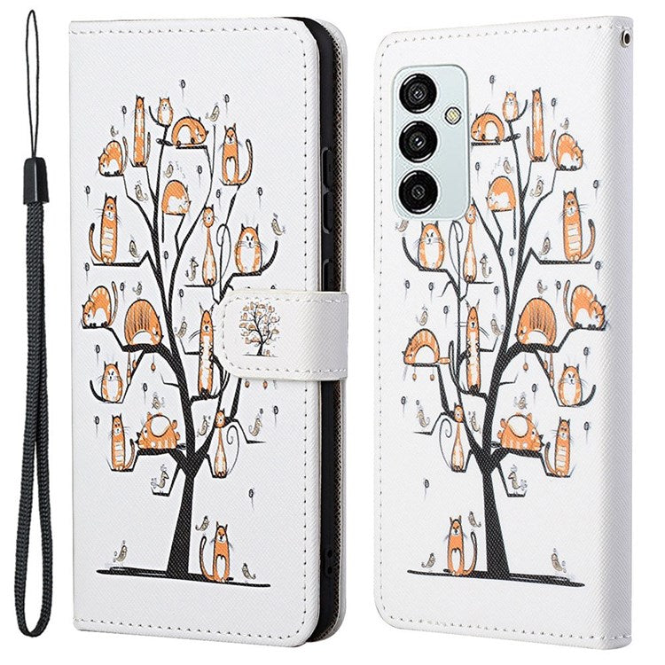 For Samsung Galaxy M23 5G/F23 5G Cross Texture Pattern Printing Stand Leather Phone Case Wallet Flip Cover with Strap - Cats on the Tree