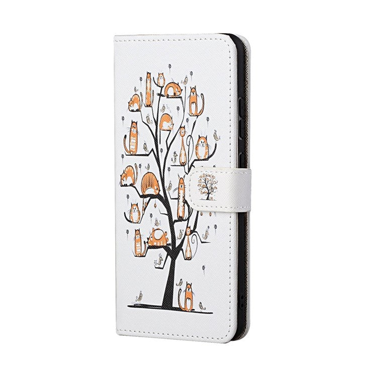 For Samsung Galaxy M23 5G/F23 5G Cross Texture Pattern Printing Stand Leather Phone Case Wallet Flip Cover with Strap - Cats on the Tree