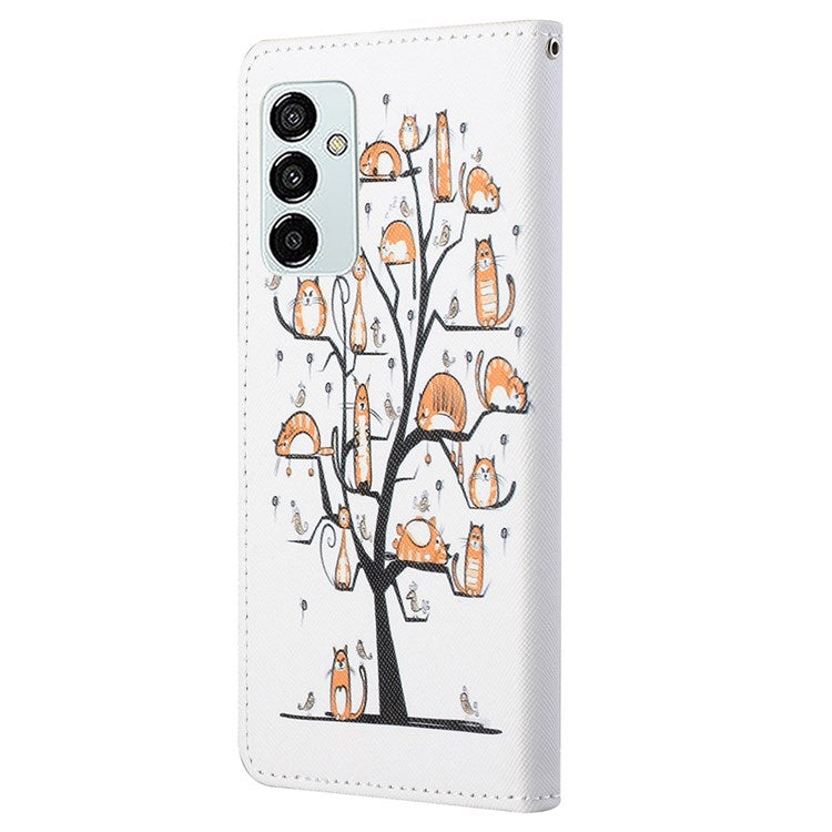 For Samsung Galaxy M23 5G/F23 5G Cross Texture Pattern Printing Stand Leather Phone Case Wallet Flip Cover with Strap - Cats on the Tree
