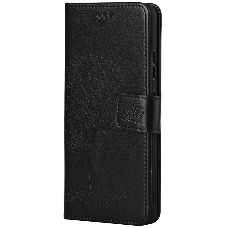 For Samsung Galaxy M23 5G/F23 5G PU Leather Imprinted Owl Tree Pattern Case Folding Stand Wallet Flip Cover with Strap - Black