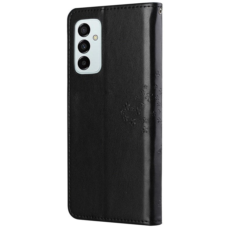 For Samsung Galaxy M23 5G/F23 5G PU Leather Imprinted Owl Tree Pattern Case Folding Stand Wallet Flip Cover with Strap - Black