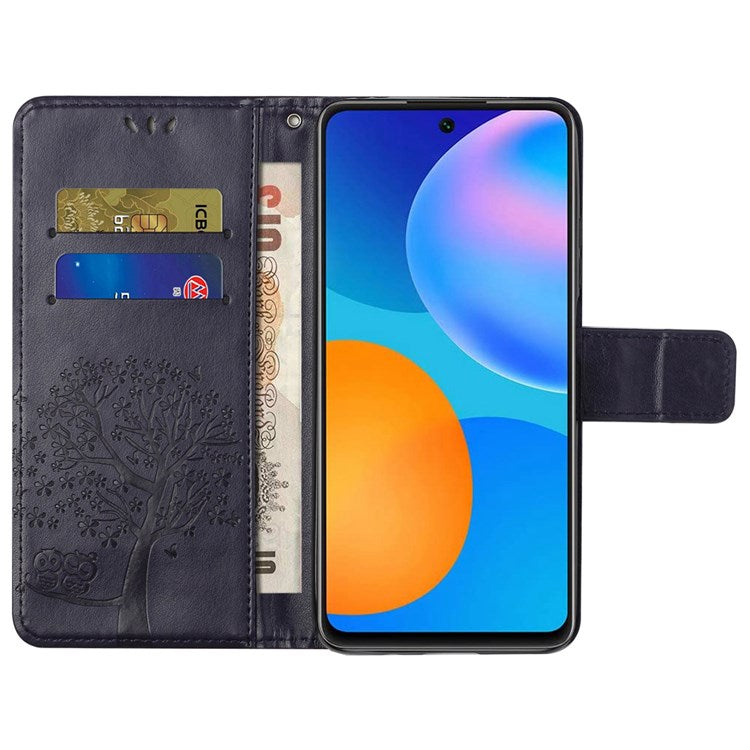 For Samsung Galaxy M23 5G/F23 5G PU Leather Imprinted Owl Tree Pattern Case Folding Stand Wallet Flip Cover with Strap - Dark Purple
