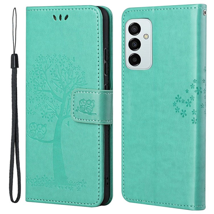 For Samsung Galaxy M23 5G/F23 5G PU Leather Imprinted Owl Tree Pattern Case Folding Stand Wallet Flip Cover with Strap - Green