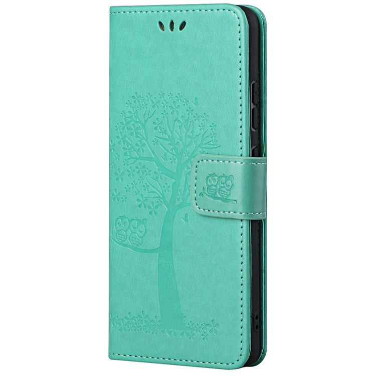 For Samsung Galaxy M23 5G/F23 5G PU Leather Imprinted Owl Tree Pattern Case Folding Stand Wallet Flip Cover with Strap - Green