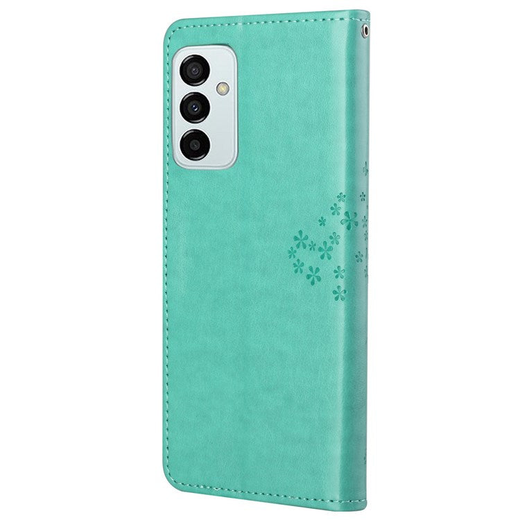 For Samsung Galaxy M23 5G/F23 5G PU Leather Imprinted Owl Tree Pattern Case Folding Stand Wallet Flip Cover with Strap - Green